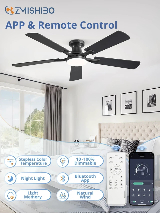 Alt view image 9 of 14 - 52 Inch Ceiling Fans with Lights, Remote&App Control, Flush Mount | Low Profile, Dimmable 20W LED Light, Quiet Reversible Motor, Strong Airflow, Easy Install for Bedroom/Living Room/Apt, Black