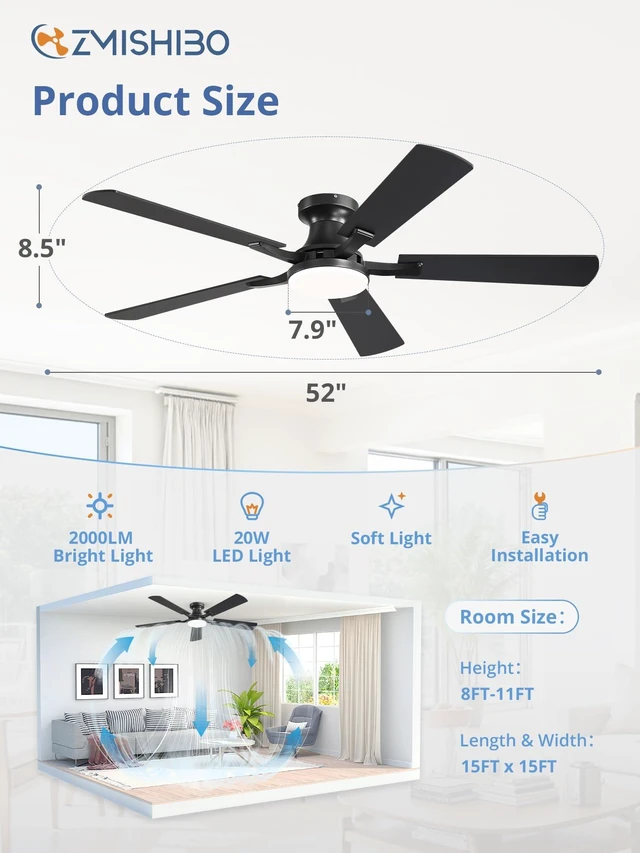Alt view image 14 of 14 - 52 Inch Ceiling Fans with Lights, Remote&App Control, Flush Mount | Low Profile, Dimmable 20W LED Light, Quiet Reversible Motor, Strong Airflow, Easy Install for Bedroom/Living Room/Apt, Black