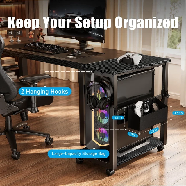Alt view image 12 of 12 - Adjustable Computer Tower Stand - 18.1"-31.5" PC Cart for Gaming Setups | CPU Tower Stand with 4 Locking Casters, Charging Station & Storage Bag - Large Rolling PC Shelf for Under-Desk or Desk-Side