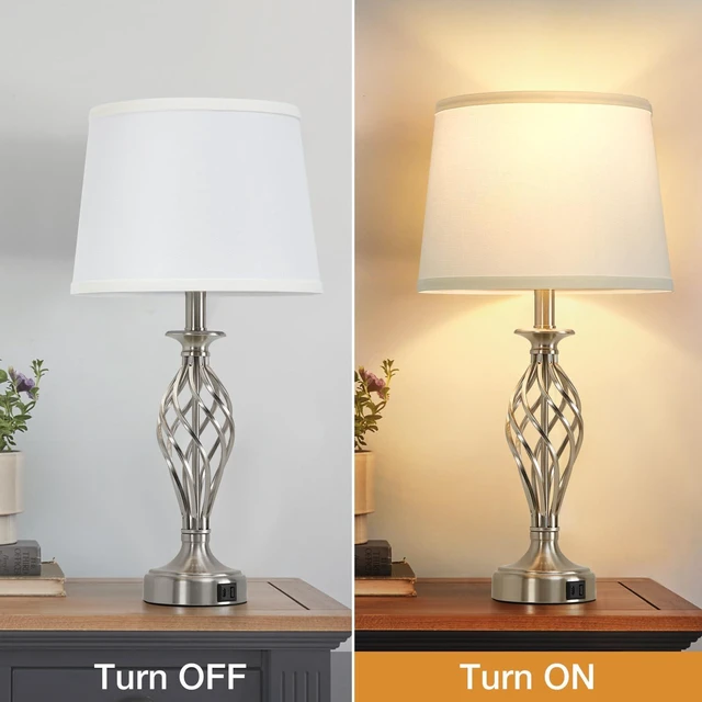 Alt view image 9 of 14 - Table Lamp for Bedroom Set of 2 with USB C+A Ports,Modern Night Stand Lamps | Silver Bedside Lamps with Spiral Cage Base,White Fabric Shade,Lamp for Living Room Reading