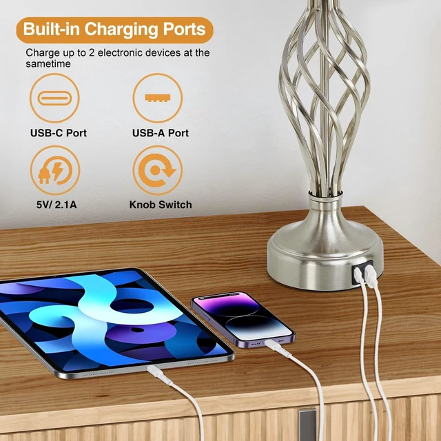 Alt view image 11 of 14 - Table Lamp for Bedroom Set of 2 with USB C+A Ports,Modern Night Stand Lamps | Silver Bedside Lamps with Spiral Cage Base,White Fabric Shade,Lamp for Living Room Reading