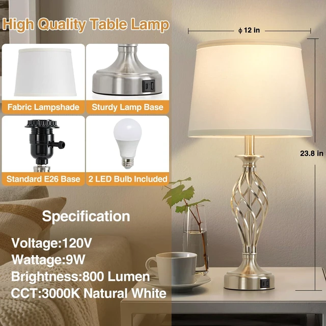 Alt view image 10 of 14 - Table Lamp for Bedroom Set of 2 with USB C+A Ports,Modern Night Stand Lamps | Silver Bedside Lamps with Spiral Cage Base,White Fabric Shade,Lamp for Living Room Reading