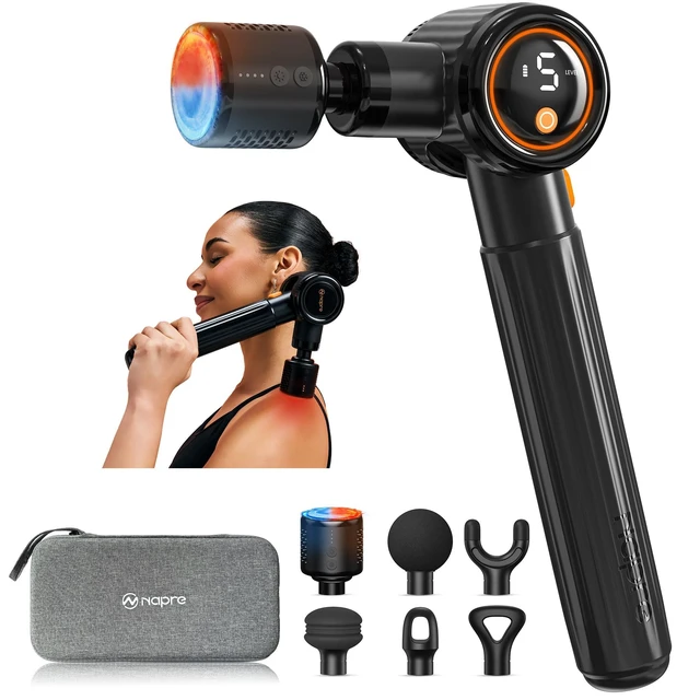 Alt view image 8 of 14 - Massage Gun with Heat and Cold,Massage Gun Deep Tissue with Extension Handle & 3 Adjustable Angles,Handheld Percussion Back Massager for Muscle/Neck/Body Pain Relief,6 Heads,with Case