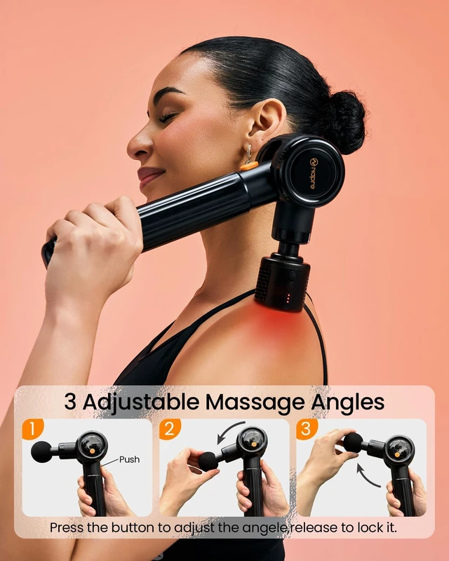 Alt view image 9 of 14 - Massage Gun with Heat and Cold,Massage Gun Deep Tissue with Extension Handle & 3 Adjustable Angles,Handheld Percussion Back Massager for Muscle/Neck/Body Pain Relief,6 Heads,with Case