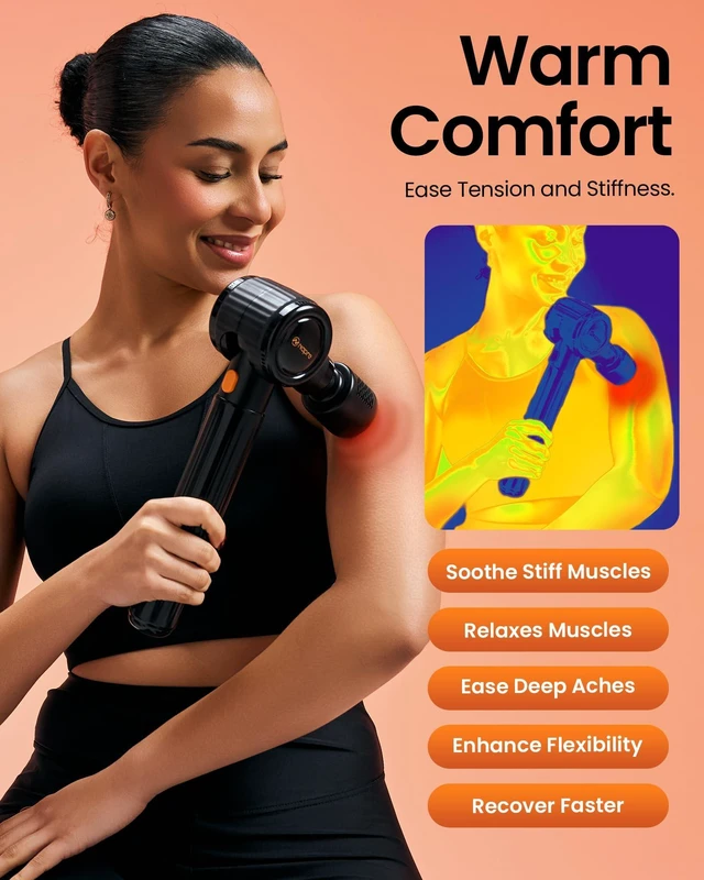 Alt view image 11 of 14 - Massage Gun with Heat and Cold,Massage Gun Deep Tissue with Extension Handle & 3 Adjustable Angles,Handheld Percussion Back Massager for Muscle/Neck/Body Pain Relief,6 Heads,with Case