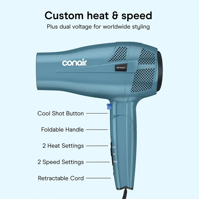 Alt view image 11 of 14 - Travel Hair Dryer, Dual Voltage, Folding Handle, 1875W, Blue | Travel blow dryer for at home and on the go, 1.75-lb. design with dual-voltage compatibility and a retractable 5-foot cord