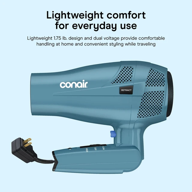 Alt view image 13 of 14 - Travel Hair Dryer, Dual Voltage, Folding Handle, 1875W, Blue | Travel blow dryer for at home and on the go, 1.75-lb. design with dual-voltage compatibility and a retractable 5-foot cord