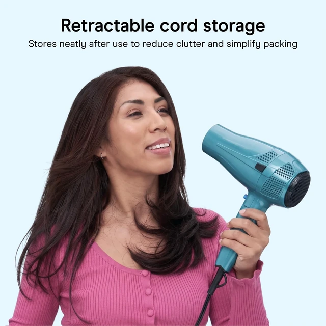 Alt view image 12 of 14 - Travel Hair Dryer, Dual Voltage, Folding Handle, 1875W, Blue | Travel blow dryer for at home and on the go, 1.75-lb. design with dual-voltage compatibility and a retractable 5-foot cord