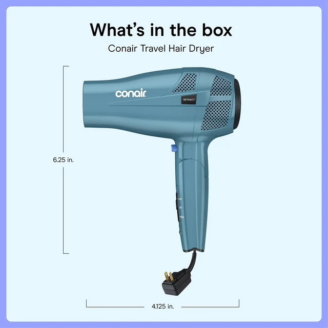 Alt view image 14 of 14 - Travel Hair Dryer, Dual Voltage, Folding Handle, 1875W, Blue | Travel blow dryer for at home and on the go, 1.75-lb. design with dual-voltage compatibility and a retractable 5-foot cord