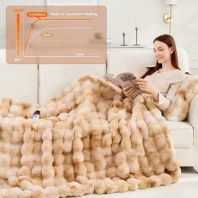 Alt view image 11 of 14 - Faux Fur Heated Throw Blanket for Couch, Women Gift, Tie-Dye Beige | 50"X60" Fluffy Soft Thick Bubble Electric Blanket, 6 Levels Fast Heating Blanket, 4H Timer, Washable, ETL Certified for Sofa