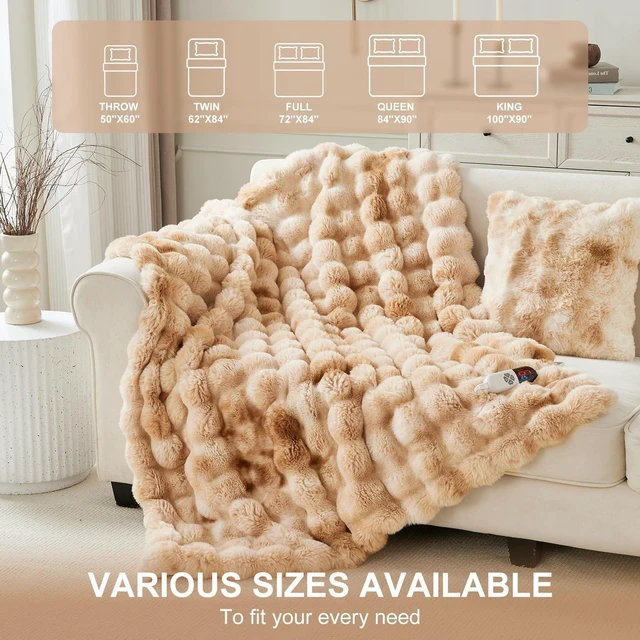 Alt view image 14 of 14 - Faux Fur Heated Throw Blanket for Couch, Women Gift, Tie-Dye Beige | 50"X60" Fluffy Soft Thick Bubble Electric Blanket, 6 Levels Fast Heating Blanket, 4H Timer, Washable, ETL Certified for Sofa