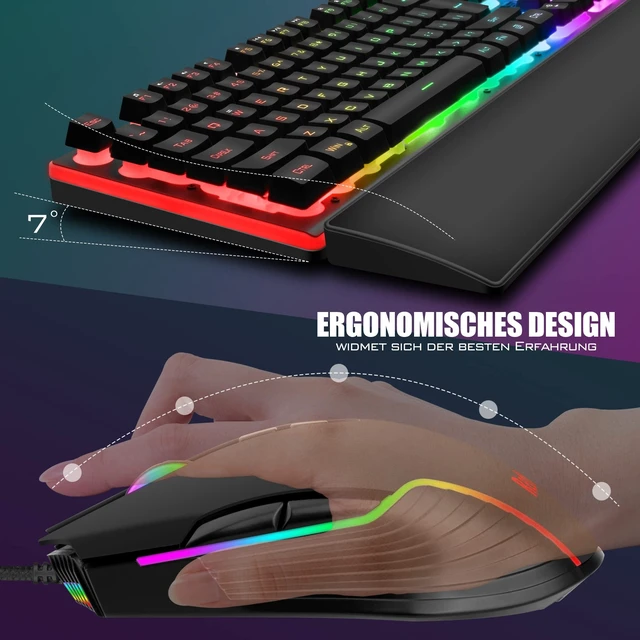 Alt view image 12 of 14 - K10 Wired Gaming Keyboard and Mouse and Wrist Rest Combo, RGB Backlit, Mechanical Feel Anti-ghosting Keyboard + 7D 7200 DPI Mice+Soft Leather Wrist Rest 3 in 1 PC Gamer Accessories(Black)