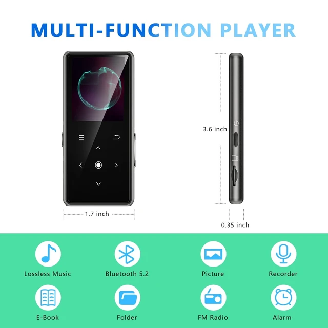 Alt view image 14 of 14 - 64GB MP3 Player with Bluetooth 5.2, Music Player with Built-in HD Speaker, FM Radio, Voice Recorder, HiFi Sound, E-Book, Earphones Included