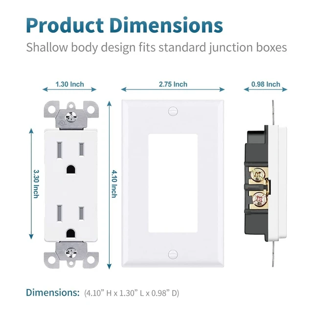Alt view image 11 of 14 - Outlet Socket, Decorator Receptacle, 15 Amp, 125 Volt, Tamper Resistant, TR Grounding with Wall Plates UL Listed White 50pack (15A)
