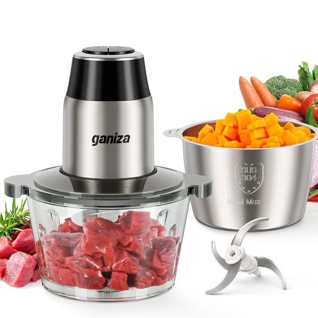 Alt view image 8 of 14 - Food Processors with 2 Bowls, 450W Meat Grinder Vegetable Chopper | 2-Speed Electric Food Chopper with 8 Cup Glass & 8 Cup Stainless Steel Bowls -Includes 2 Sets of Blades for Fruits/Meat/Nuts