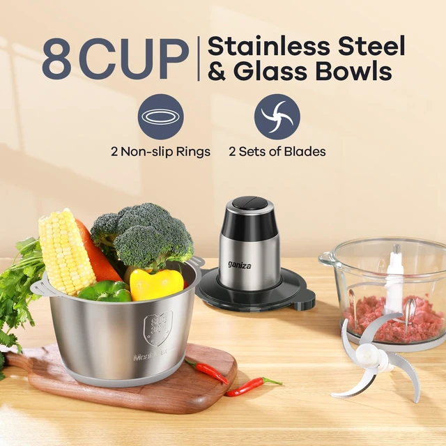 Alt view image 10 of 14 - Food Processors with 2 Bowls, 450W Meat Grinder Vegetable Chopper | 2-Speed Electric Food Chopper with 8 Cup Glass & 8 Cup Stainless Steel Bowls -Includes 2 Sets of Blades for Fruits/Meat/Nuts