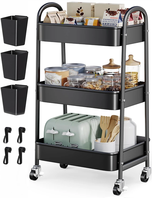 Alt view image 8 of 14 - Heavy Duty 3 Tier Rolling Cart Metal with Wheels,Three Tiered Storage Carts | Black Utility Roller Shelf Organizer on Wheels for Baby, Art, Craft, Snack, Dorm, Bathroom,Makeup,Nail,Postpartum