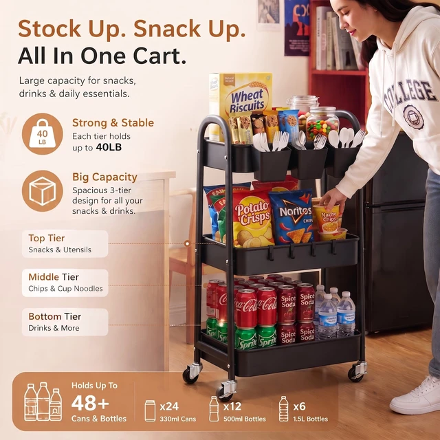Alt view image 9 of 14 - Heavy Duty 3 Tier Rolling Cart Metal with Wheels,Three Tiered Storage Carts | Black Utility Roller Shelf Organizer on Wheels for Baby, Art, Craft, Snack, Dorm, Bathroom,Makeup,Nail,Postpartum
