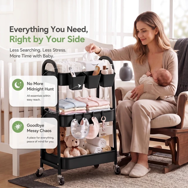 Alt view image 11 of 14 - Heavy Duty 3 Tier Rolling Cart Metal with Wheels,Three Tiered Storage Carts | Black Utility Roller Shelf Organizer on Wheels for Baby, Art, Craft, Snack, Dorm, Bathroom,Makeup,Nail,Postpartum