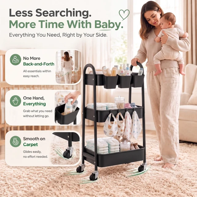 Alt view image 12 of 14 - Heavy Duty 3 Tier Rolling Cart Metal with Wheels,Three Tiered Storage Carts | Black Utility Roller Shelf Organizer on Wheels for Baby, Art, Craft, Snack, Dorm, Bathroom,Makeup,Nail,Postpartum