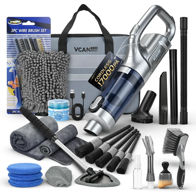 Alt view image 8 of 14 - 29PCS Car Cleaning Kit Interior Detailing for Men WomenGrey | 17000PA High Power Handheld Cordless Car Vacuum Rechargeable, Detailing Brush Set, Windshield Cleaner Tool, Tire Brush