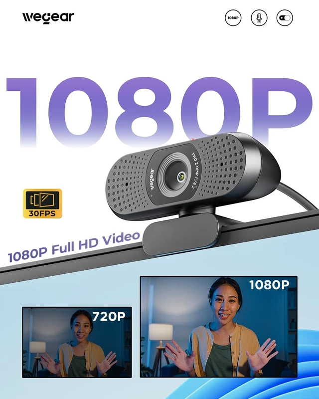 Alt view image 9 of 14 - 1080P Webcam for PC, Full HD Computer Camera with Dual Mics, USB-A | Plug & Play, Privacy Cover, 85° FOV, Fixed Focus for Laptop & Desktop, Zoom, Teams, FaceTime, Google Meet, Streaming
