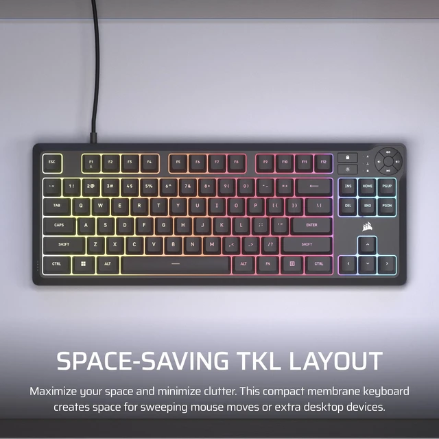 Alt view image 10 of 14 - K55 CORE TKL RGB Gaming Keyboard Tenkeyless, 8-Zone RGB, Quiet Membrane Keys, Spill Resistant, Media Keys, 1000Hz Polling NA Layout Black