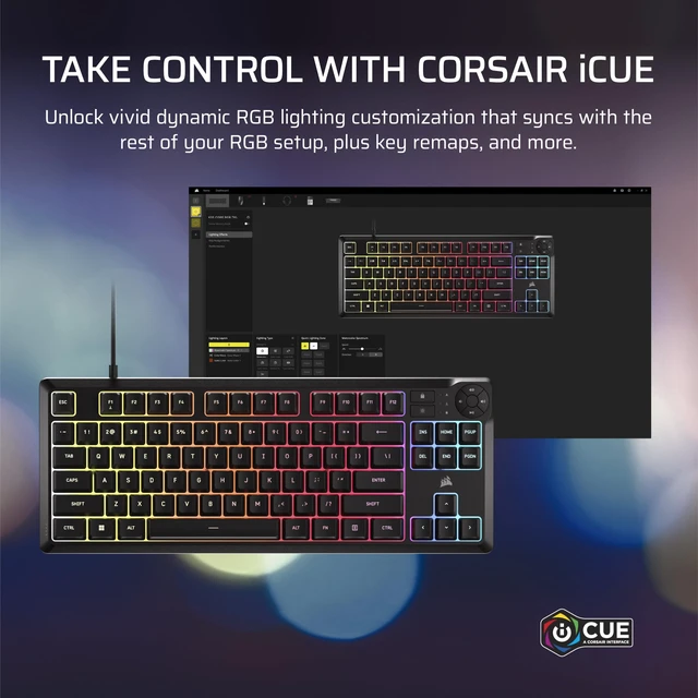 Alt view image 14 of 14 - K55 CORE TKL RGB Gaming Keyboard Tenkeyless, 8-Zone RGB, Quiet Membrane Keys, Spill Resistant, Media Keys, 1000Hz Polling NA Layout Black