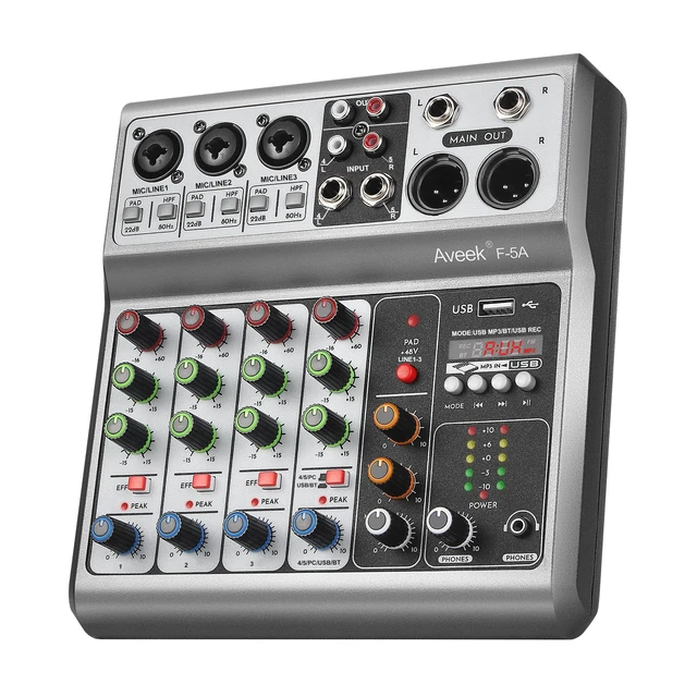 Alt view image 8 of 14 - 5 Channel Audio Mixer, Built-in PC Recording Interface Sound Board | 48V Phantom Power, Bluetooth&USB Playback, Echo Delay Effects DJ Mixer for Live Streaming,Podcasting,Karaoke,Studio Recording