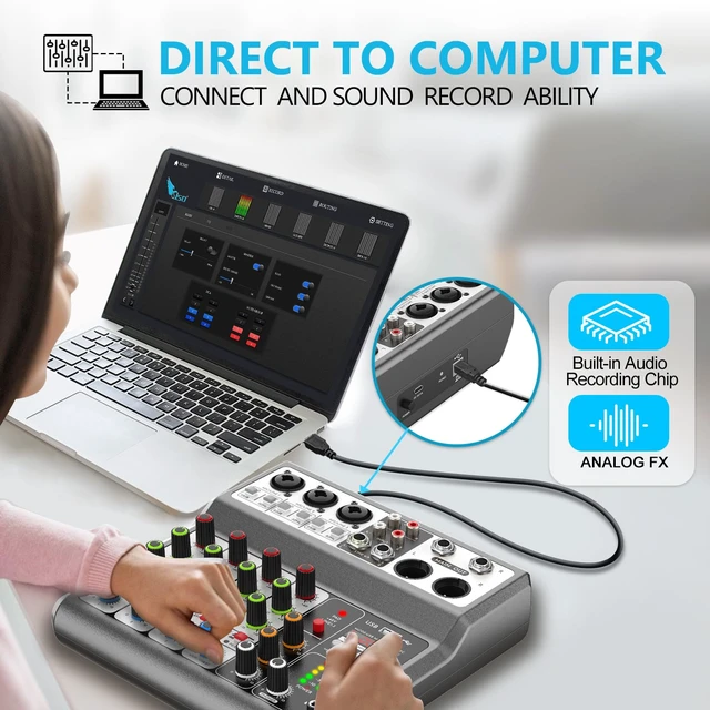 Alt view image 10 of 14 - 5 Channel Audio Mixer, Built-in PC Recording Interface Sound Board | 48V Phantom Power, Bluetooth&USB Playback, Echo Delay Effects DJ Mixer for Live Streaming,Podcasting,Karaoke,Studio Recording