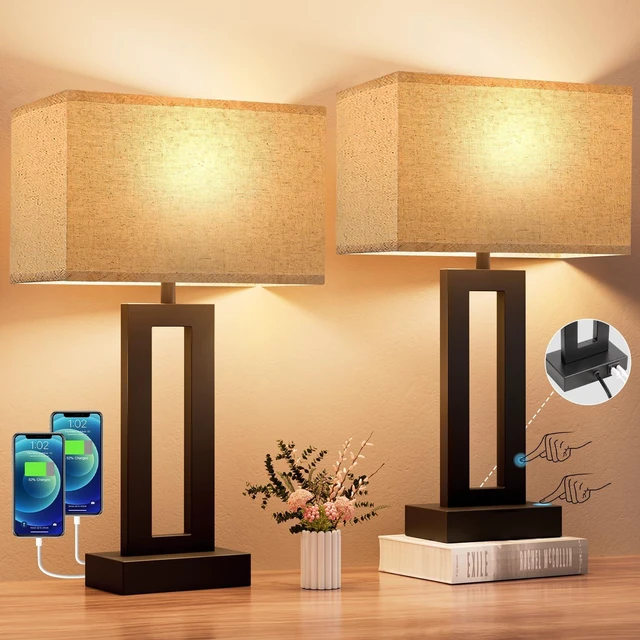 Alt view image 8 of 14 - 19.6" Touch Lamps for Nightstand, 3 Way Dimmable Bedroom Lamp, USB C+A | Touch Control, LED Bulb Included, Lamp with Charging Station, Bedside, Fabric Lampshade, Easy Assembly