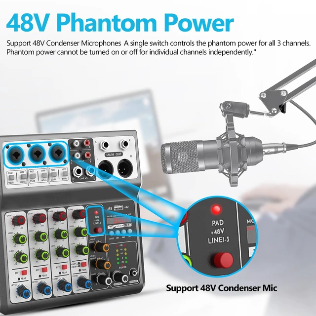 Alt view image 12 of 14 - 5 Channel Audio Mixer, Built-in PC Recording Interface Sound Board | 48V Phantom Power, Bluetooth&USB Playback, Echo Delay Effects DJ Mixer for Live Streaming,Podcasting,Karaoke,Studio Recording