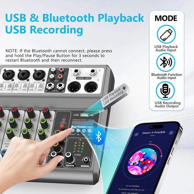 Alt view image 11 of 14 - 5 Channel Audio Mixer, Built-in PC Recording Interface Sound Board | 48V Phantom Power, Bluetooth&USB Playback, Echo Delay Effects DJ Mixer for Live Streaming,Podcasting,Karaoke,Studio Recording
