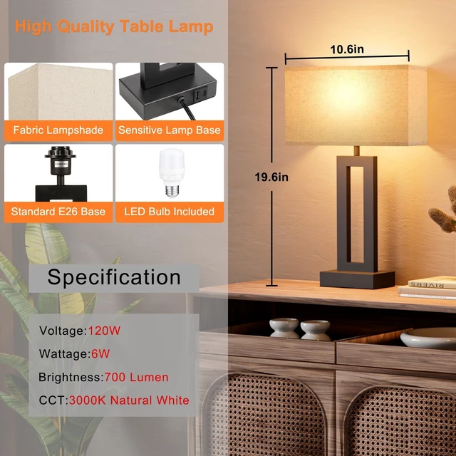 Alt view image 13 of 14 - 19.6" Touch Lamps for Nightstand, 3 Way Dimmable Bedroom Lamp, USB C+A | Touch Control, LED Bulb Included, Lamp with Charging Station, Bedside, Fabric Lampshade, Easy Assembly