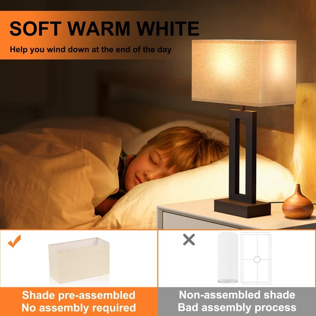 Alt view image 12 of 14 - 19.6" Touch Lamps for Nightstand, 3 Way Dimmable Bedroom Lamp, USB C+A | Touch Control, LED Bulb Included, Lamp with Charging Station, Bedside, Fabric Lampshade, Easy Assembly