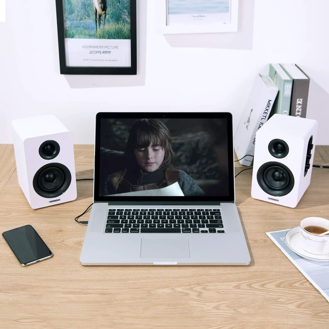 Alt view image 12 of 14 - 3" Active Bluetooth 5.0 Bookshelf Speakers, Built-in 24bit DAC | 60W Carbon Fiber Speaker, USB and 3.5mm AUX Input, Dynamic 3D Surround Sound, 2.0 Computer PC Monitor Gaming (Pair, White)