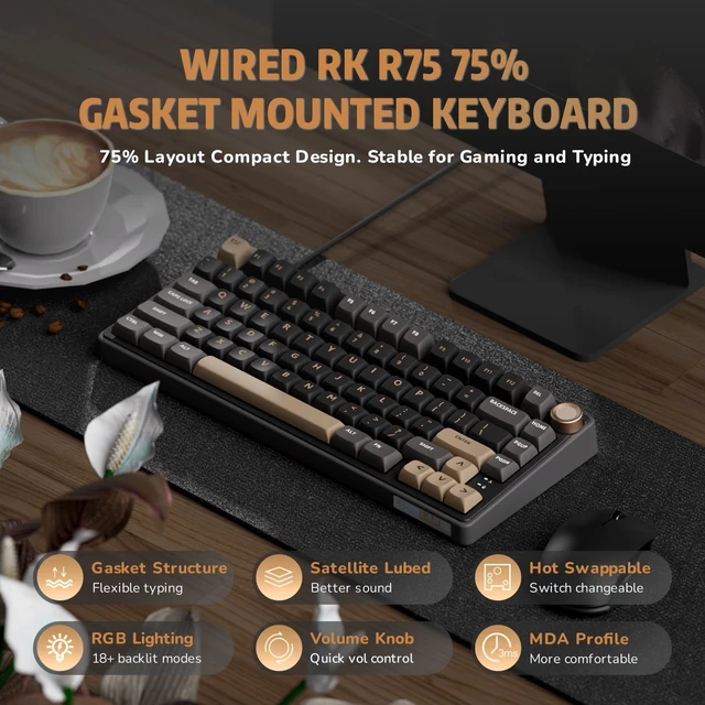 Alt view image 9 of 14 - R75 Wired Mechanical Keyboard with Volume Knob, 75% Mechanical Gaming Keyboard Gasket Mount, Hot Swappable Silver Switch, MDA Profile PBT Keycaps, Creamy Keyboards, Black