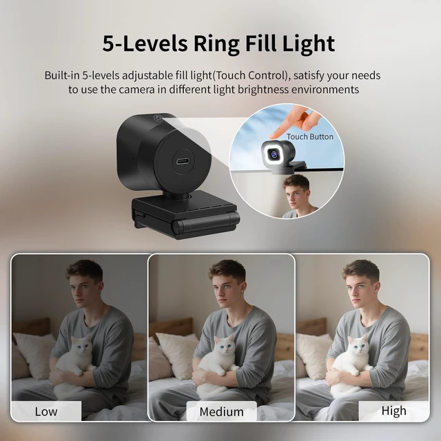 Alt view image 10 of 14 - 4K Webcam with Ring Light, Remote Control, PDAF Autofocus | Built-in Dual Mic, 5X Zoom, USB Computer Camera for Live-Streaming/Meetings/Video Calls