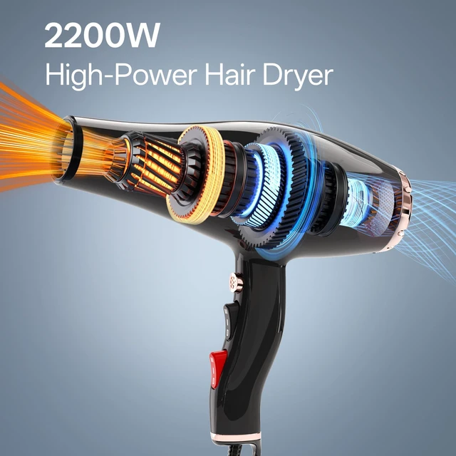 Alt view image 9 of 14 - Professional Salon 2200W Blower Dryer with Diffuser Concentrator Nozzles,Negative Ionic Blow Dryer,Low Noise Hair Dryers,2 Speeds and 2 Heat Settings 1 Cool Shot Button