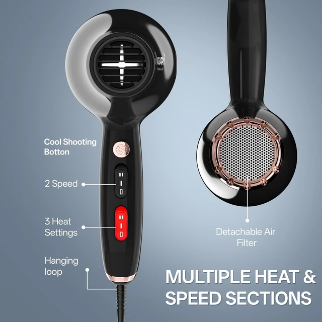 Alt view image 12 of 14 - Professional Salon 2200W Blower Dryer with Diffuser Concentrator Nozzles,Negative Ionic Blow Dryer,Low Noise Hair Dryers,2 Speeds and 2 Heat Settings 1 Cool Shot Button
