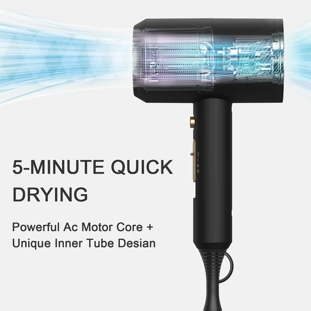 Alt view image 8 of 12 - Professional Ionic Hair Dryer, Powerful 1800W Fast Drying Low Noise Blow Dryer with 2 Concentrator Nozzle 1 Diffuser Attachments for Home Salon Travel (Black)