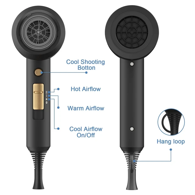 Alt view image 10 of 12 - Professional Ionic Hair Dryer, Powerful 1800W Fast Drying Low Noise Blow Dryer with 2 Concentrator Nozzle 1 Diffuser Attachments for Home Salon Travel (Black)