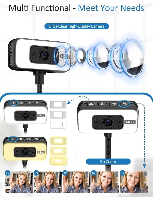 Alt view image 9 of 14 - 4K Webcam for PC with Light, PDAF Autofocus and Mic for PC Streaming | Plug and Play USB Web Camera with Bracket, 4K 30FPS with Zoom, Teams, Google Meet, Laptop Desktop Mac