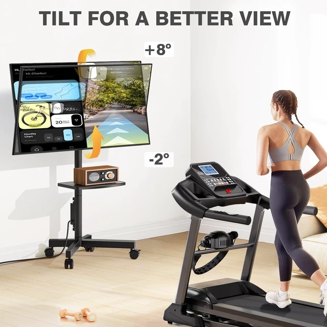 Alt view image 9 of 14 - Mobile TV Stand with Power Outlet for 23-65 Inch TVs up to 88 lbs | Tilt Rolling TV Cart with Height Adjustment & Locking Wheels, Portable TV Stand for Bedroom, Office, Max VESA 400x400mm