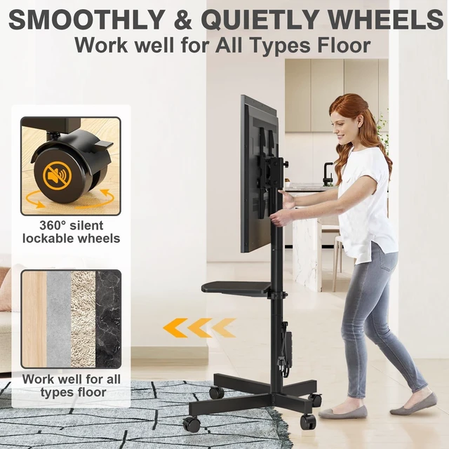 Alt view image 12 of 14 - Mobile TV Stand with Power Outlet for 23-65 Inch TVs up to 88 lbs | Tilt Rolling TV Cart with Height Adjustment & Locking Wheels, Portable TV Stand for Bedroom, Office, Max VESA 400x400mm