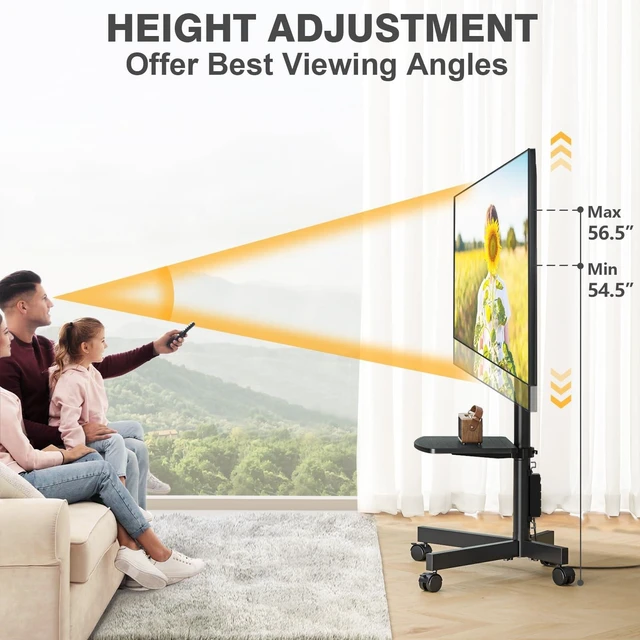 Alt view image 11 of 14 - Mobile TV Stand with Power Outlet for 23-65 Inch TVs up to 88 lbs | Tilt Rolling TV Cart with Height Adjustment & Locking Wheels, Portable TV Stand for Bedroom, Office, Max VESA 400x400mm