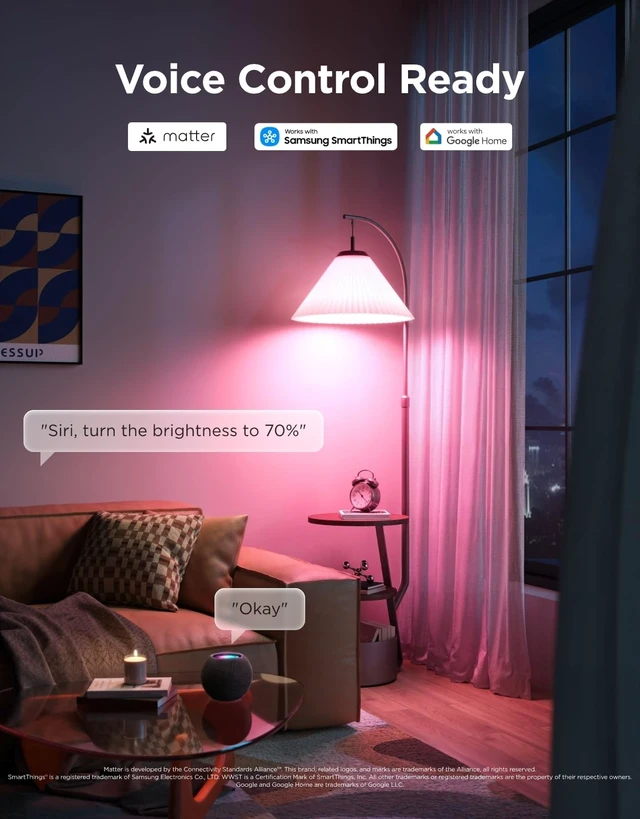 Alt view image 14 of 14 - 1600LM Smart Light Bulbs, A21 100W RGBWW CRI 90, E26 Base, 2-Pack | A21 LED Bulbs for Living Room, Color Changing Light Bulbs Compatible with Matter, Alexa & SmartThings, CRI 90, 2.4GHz Only