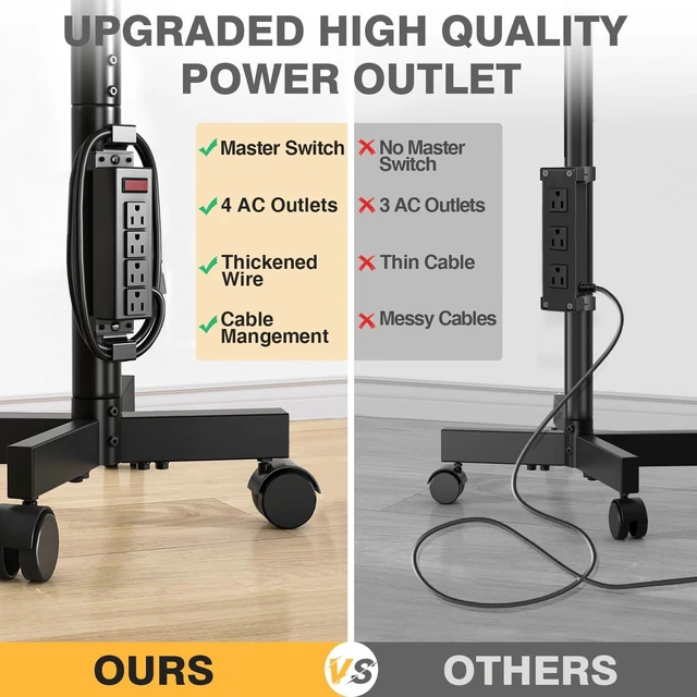 Alt view image 14 of 14 - Mobile TV Stand with Power Outlet for 23-65 Inch TVs up to 88 lbs | Tilt Rolling TV Cart with Height Adjustment & Locking Wheels, Portable TV Stand for Bedroom, Office, Max VESA 400x400mm