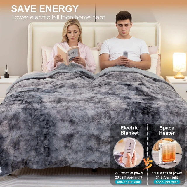 Alt view image 11 of 14 - Heated Blanket Full Size,Faux Fur Electric Blanket, Grey | Tie Dye ,72x84Inch Single Controller, 5 Heating Levels, 10 Hours Auto-Off, Machine Washable