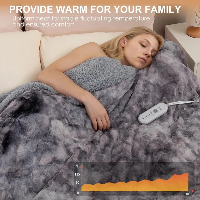 Alt view image 9 of 14 - Heated Blanket Full Size,Faux Fur Electric Blanket, Grey | Tie Dye ,72x84Inch Single Controller, 5 Heating Levels, 10 Hours Auto-Off, Machine Washable